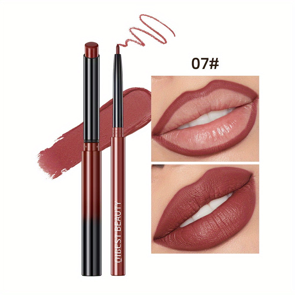 Matte Lip Liner & Lipstick Set with swatches showcasing various lip colors and finishes, smudge proof and waterproof.