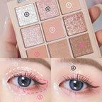 Cherry Blossom Eyeshadow Palette showing 9 shades of glitter and matte colors for versatile makeup looks.