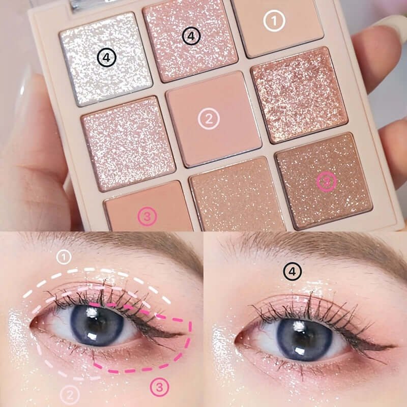 Cherry Blossom Eyeshadow Palette showing 9 shades of glitter and matte colors for versatile makeup looks.