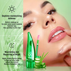Aloe Vera Color Changing Lipstick in a green tube, showing lip color transformation over time with aloe vera leaves.