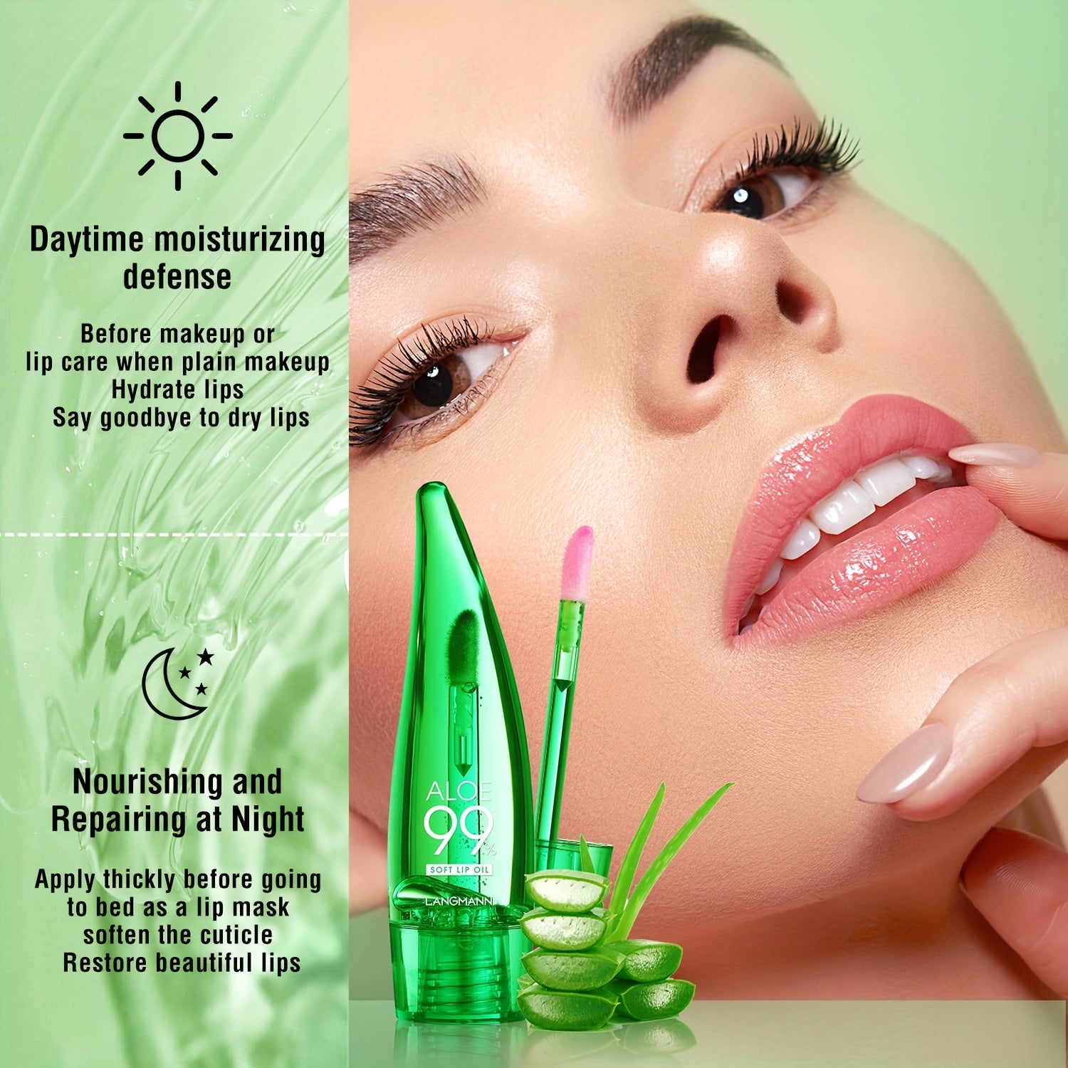 Aloe Vera Color Changing Lipstick in a green tube, showing lip color transformation over time with aloe vera leaves.