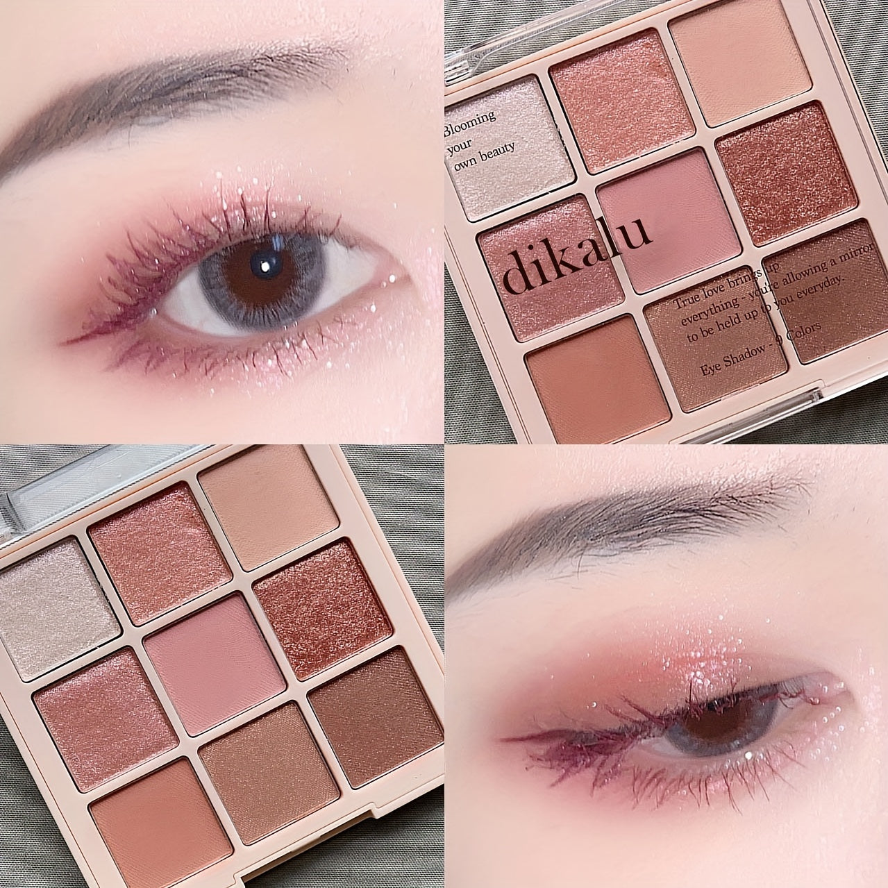 Cherry Blossom Eyeshadow Palette showing 9 shades of glitter and matte colors for versatile makeup looks.