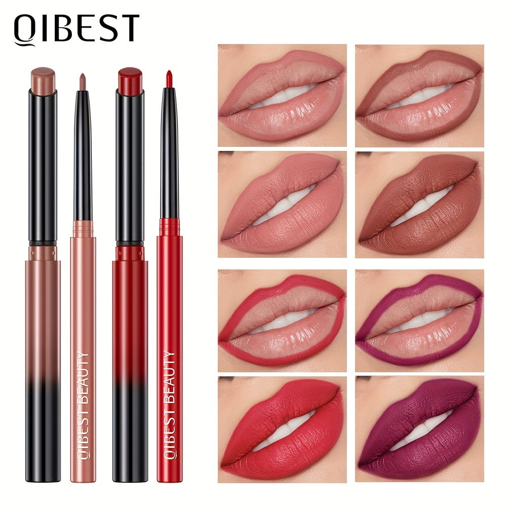 Matte Lip Liner & Lipstick Set with swatches showcasing various lip colors and finishes, smudge proof and waterproof.
