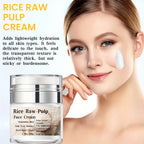 Rice Raw Pulp Face Cream shown on a model, emphasizing hydration, skin firmness, and moisturizing benefits.