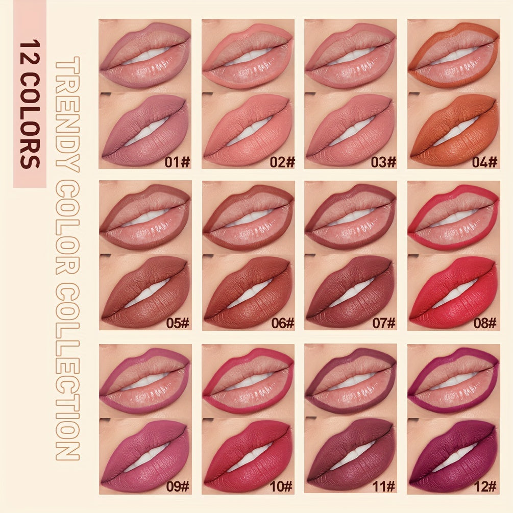 Matte Lip Liner & Lipstick Set with swatches showcasing various lip colors and finishes, smudge proof and waterproof.