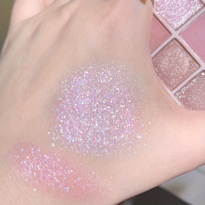 Cherry Blossom Eyeshadow Palette showing 9 shades of glitter and matte colors for versatile makeup looks.