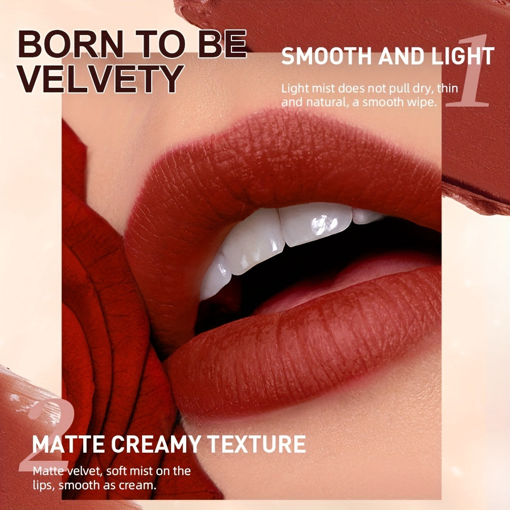 Matte Lip Liner & Lipstick Set with swatches showcasing various lip colors and finishes, smudge proof and waterproof.