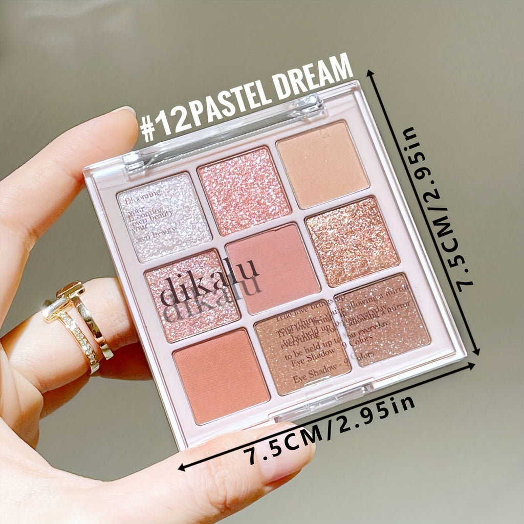 Cherry Blossom Eyeshadow Palette showing 9 shades of glitter and matte colors for versatile makeup looks.