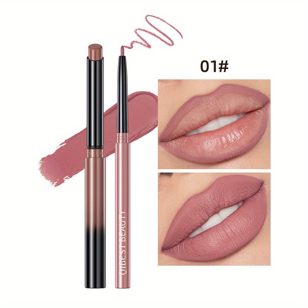 Matte Lip Liner & Lipstick Set with swatches showcasing various lip colors and finishes, smudge proof and waterproof.