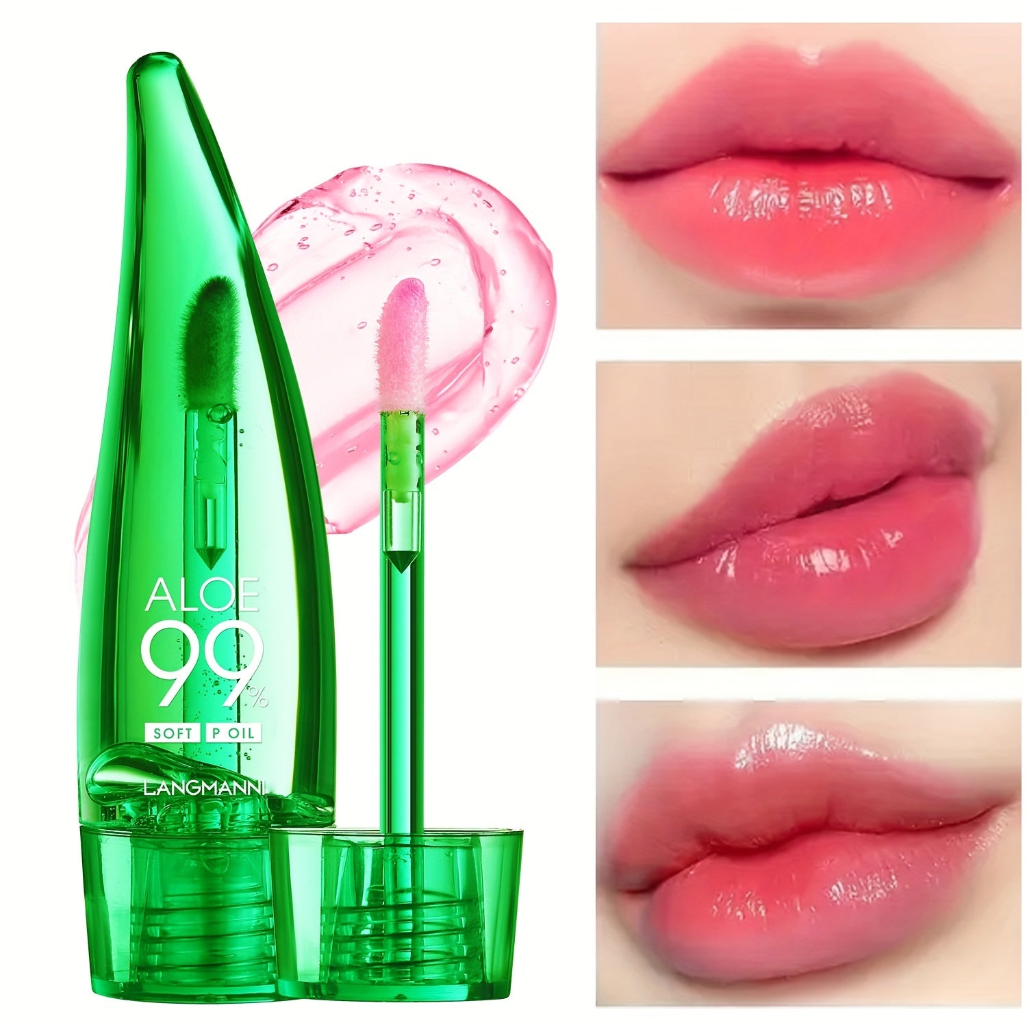 Aloe Vera Color Changing Lipstick in a green tube, showing lip color transformation over time with aloe vera leaves.