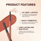 Matte Lip Liner & Lipstick Set with swatches showcasing various lip colors and finishes, smudge proof and waterproof.