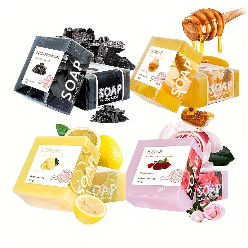 Handmade Essential Oil Soap Set featuring Bamboo Charcoal, Lemon, Honey, and Rose soaps for deep cleaning skin care.