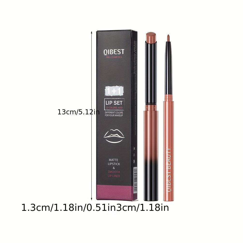 Matte Lip Liner & Lipstick Set with swatches showcasing various lip colors and finishes, smudge proof and waterproof.