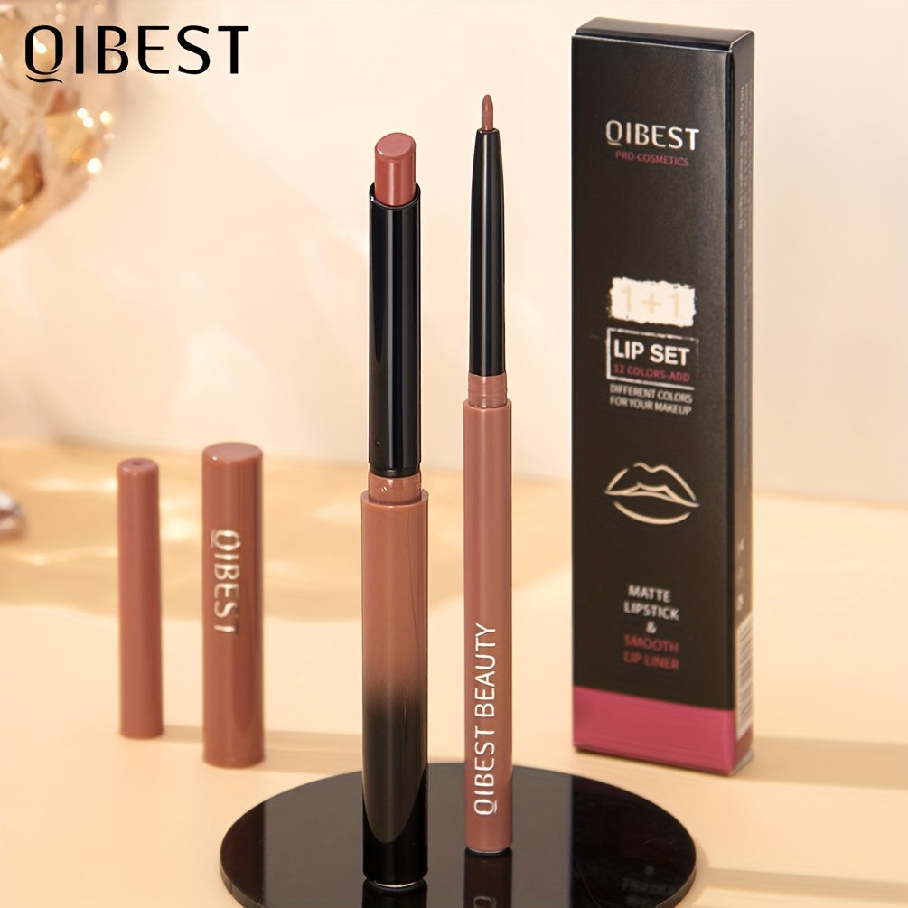 Matte Lip Liner & Lipstick Set with swatches showcasing various lip colors and finishes, smudge proof and waterproof.