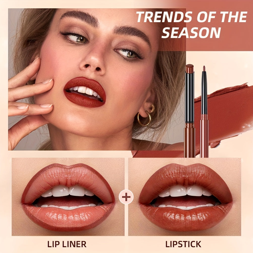 Matte Lip Liner & Lipstick Set with swatches showcasing various lip colors and finishes, smudge proof and waterproof.