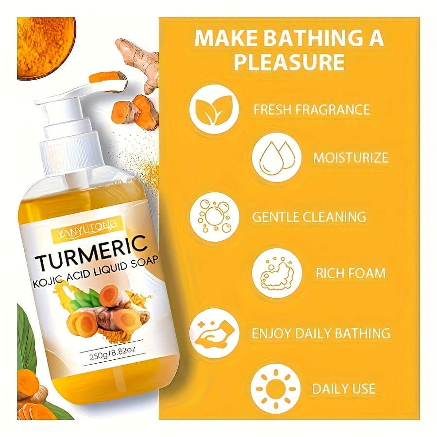 Turmeric Soap - Kojic Acid Liquid Soap with fresh fragrance, moisturizing, gentle cleaning, and rich foam for daily use.