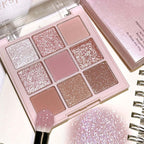 Cherry Blossom Eyeshadow Palette showing 9 shades of glitter and matte colors for versatile makeup looks.