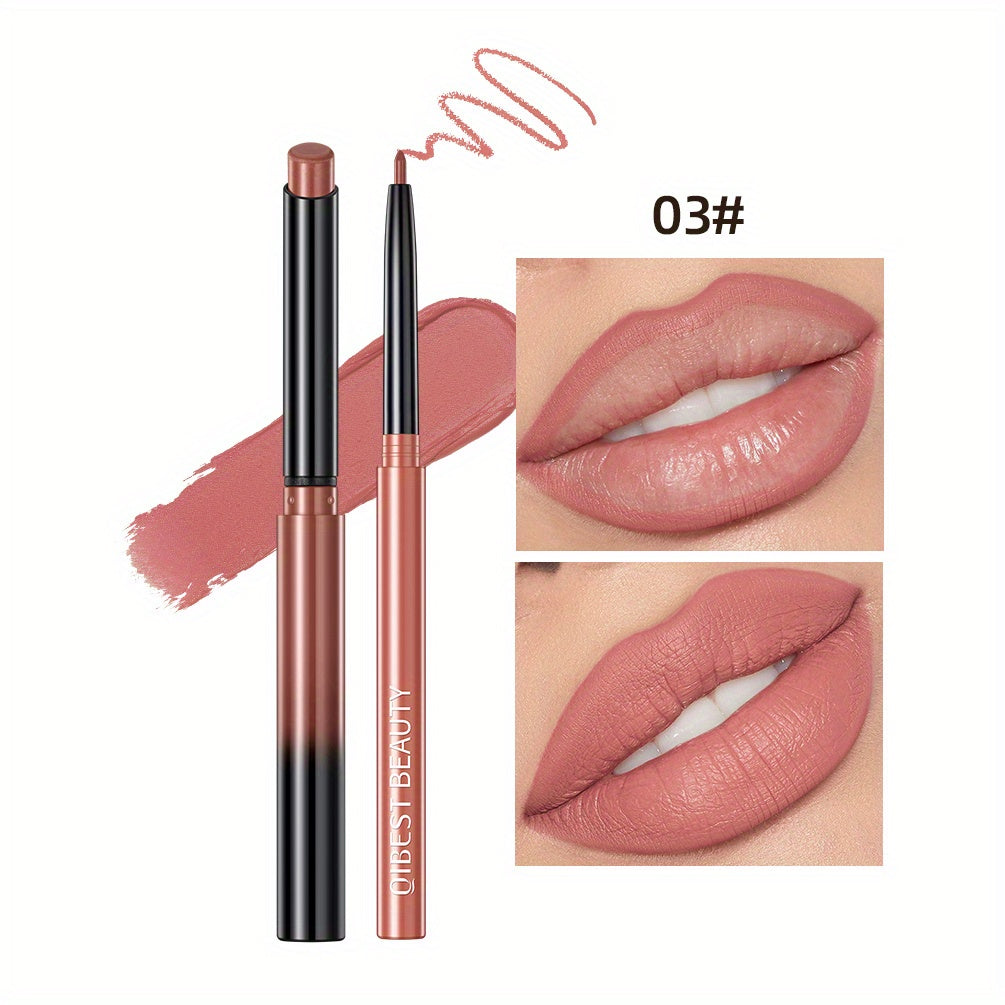 Matte Lip Liner & Lipstick Set with swatches showcasing various lip colors and finishes, smudge proof and waterproof.