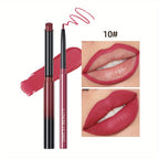 Matte Lip Liner & Lipstick Set with swatches showcasing various lip colors and finishes, smudge proof and waterproof.
