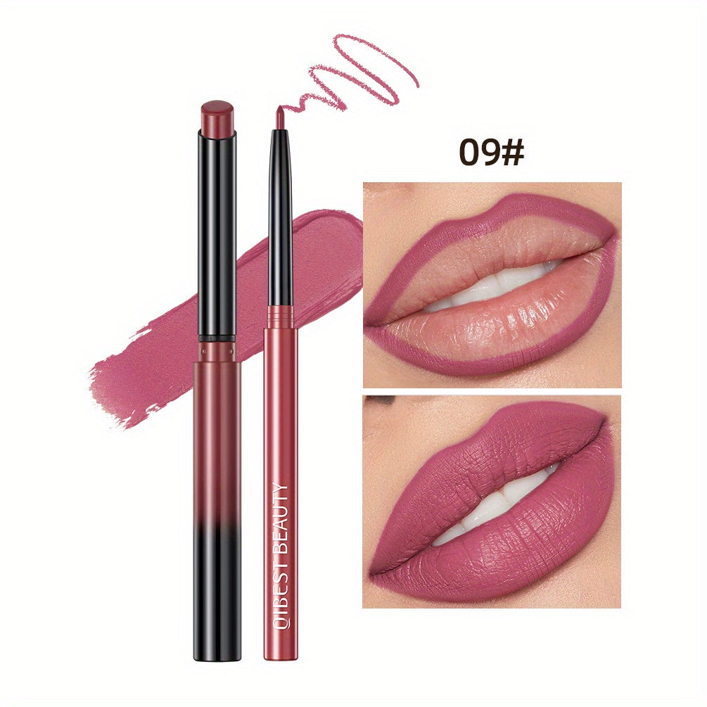 Matte Lip Liner & Lipstick Set with swatches showcasing various lip colors and finishes, smudge proof and waterproof.
