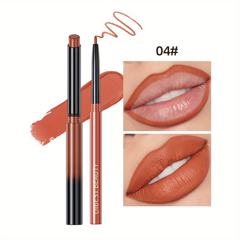 Matte Lip Liner & Lipstick Set with swatches showcasing various lip colors and finishes, smudge proof and waterproof.