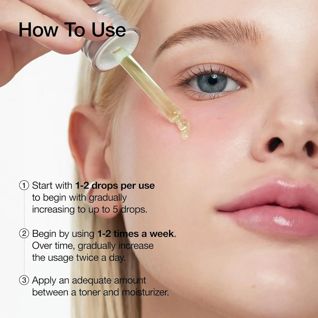 Korea ANUA Niacinamide and Tranexamic serum usage instructions with dropper on model's face.
