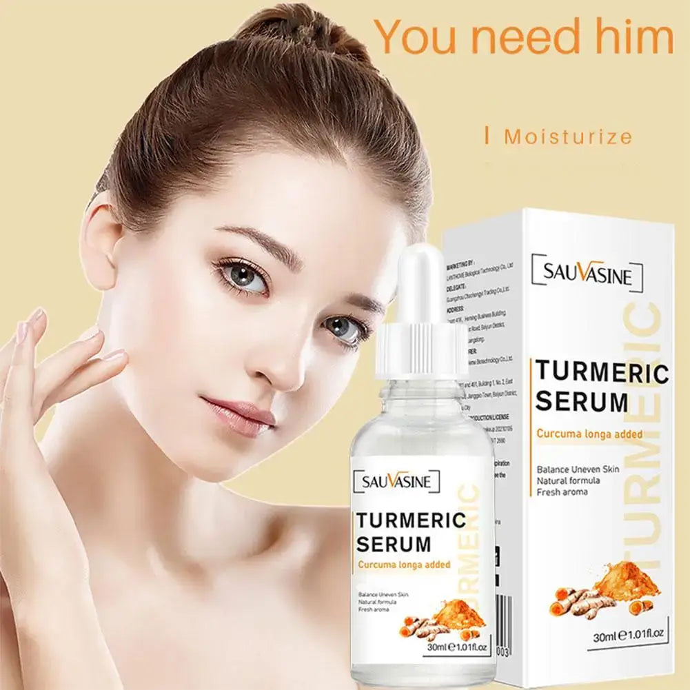Turmeric Essential Oil in a dropper bottle promoting hydration and skin health, with turmeric root decor.