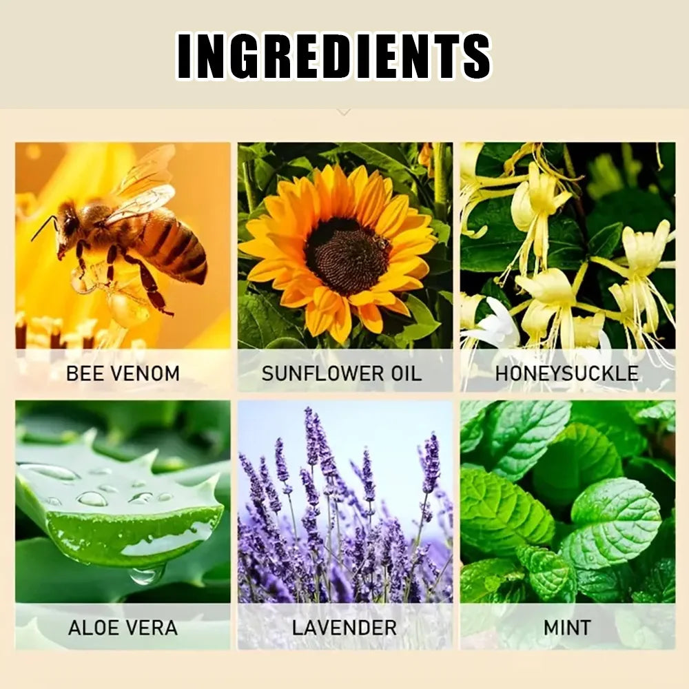 Ingredients for Queen Bee Venom Face Cream: bee venom, sunflower oil, honeysuckle, aloe vera, lavender, mint.