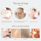 Visual guide for using Rice Milk Soap, showcasing steps for cleansing and addressing various skin troubles.