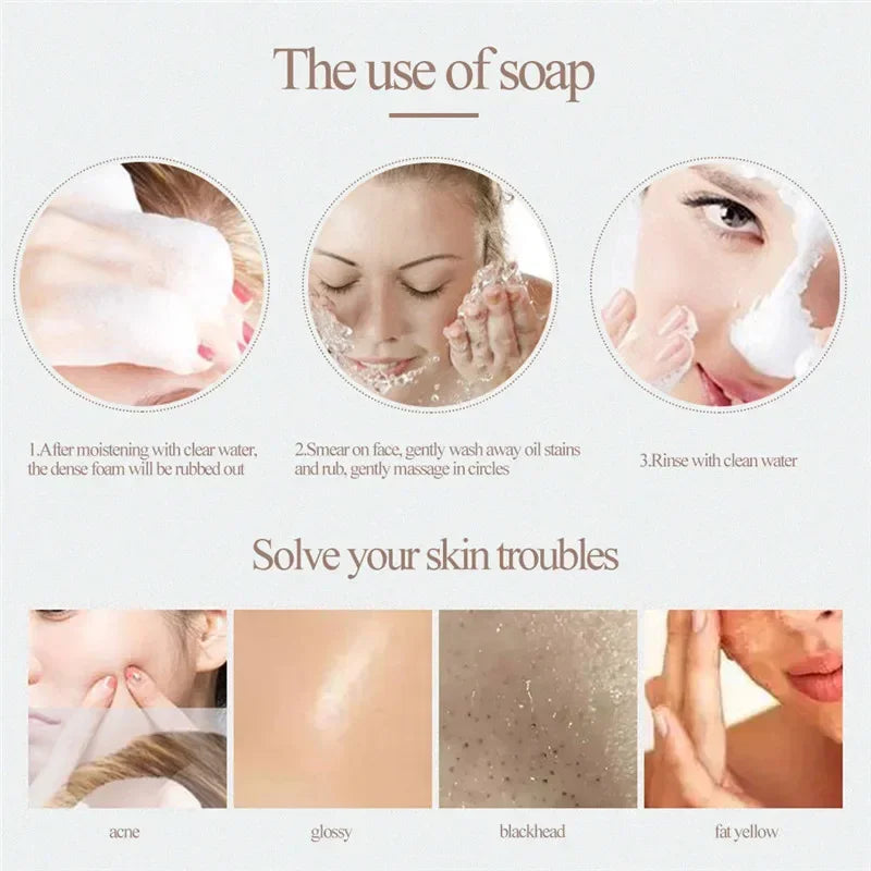 Visual guide for using Rice Milk Soap, showcasing steps for cleansing and addressing various skin troubles.