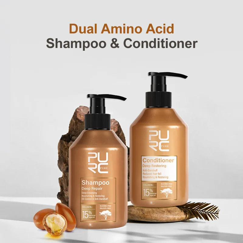 PURC Hair Repair Set – Argan Oil Keratin Shampoo & Conditioner  displayed.