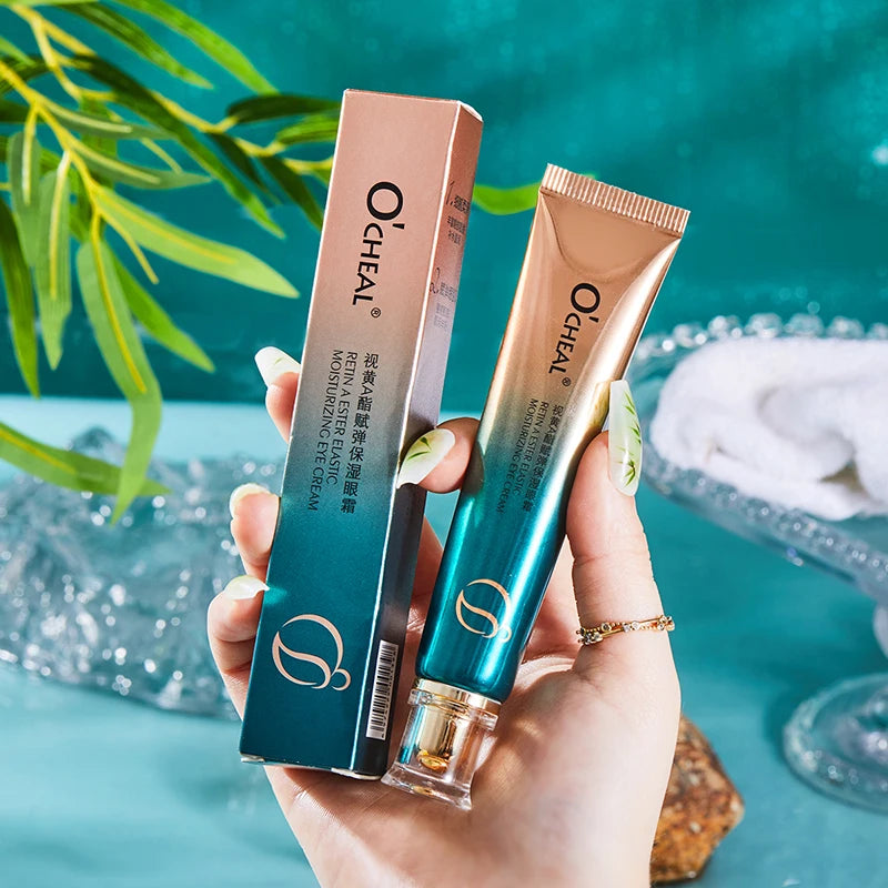 O’CHEAL Eye Moisturizing Cream for dark circles and puffiness, featuring application on under-eye skin.