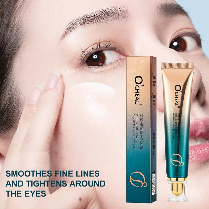 O’CHEAL Eye Moisturizing Cream for dark circles and puffiness, featuring application on under-eye skin.