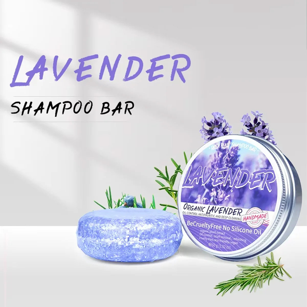 Lavender Shampoo – Oil Control & Refreshing Hair Care product in a tin with purple contents 