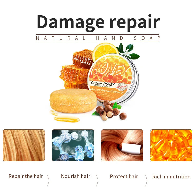 Natural Honey Shampoo bar in tin for dry, soft, and supple hair care. Plant-based & cruelty-free solution. Natural Honey Shampoo bar in tin for dry, soft, and supple hair care. Plant-based & cruelty-free solution.