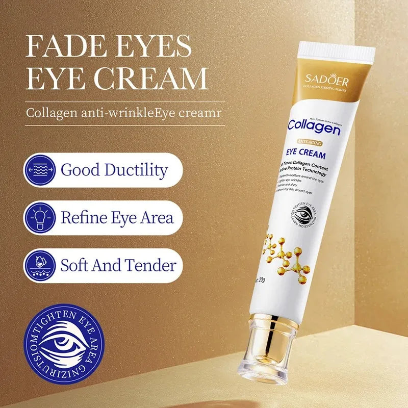 SADOER Collagen Eye Cream tube with benefits for brightening, anti-aging, and soothing dark circles and puffiness.