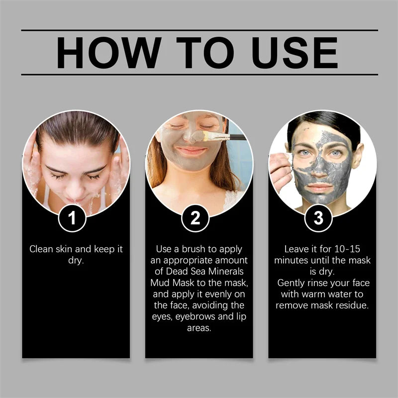  showing how to use Dead Sea Mud Face Mask Deep Cleaning Pores Remove Blackheads Oil Control Moisturizing Brighten Smooth Skin Care Beauty Products.