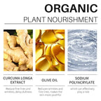 Turmeric Essential Oil in a dropper bottle promoting hydration and skin health, with turmeric root decor.