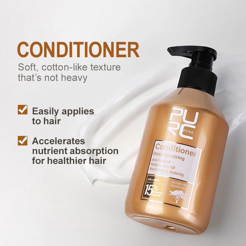 PURC Hair Repair Set – Argan Oil Keratin Shampoo & Conditioner  benefits displayed.