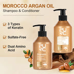 PURC Hair Repair Set Argan Oil Keratin Shampoo & Conditioner bottles with benefits and ingredients highlighted.