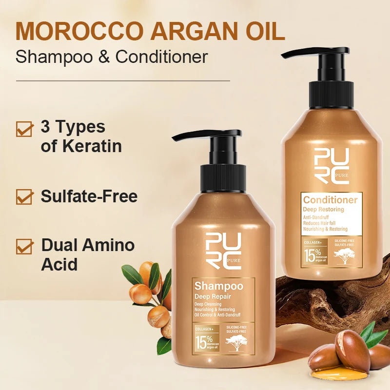 PURC Hair Repair Set Argan Oil Keratin Shampoo & Conditioner bottles with benefits and ingredients highlighted.