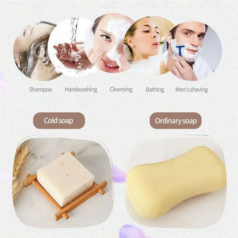 Rice Milk Soap used for daily cleansing, moisturizing and whitening skin, shown alongside other soap types.