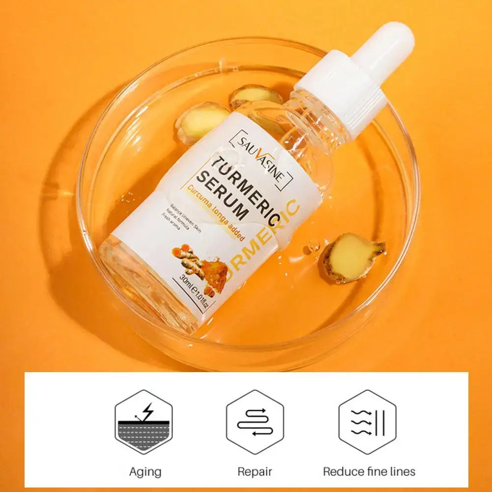 Turmeric Essential Oil in a dropper bottle promoting hydration and skin health, with turmeric root decor.