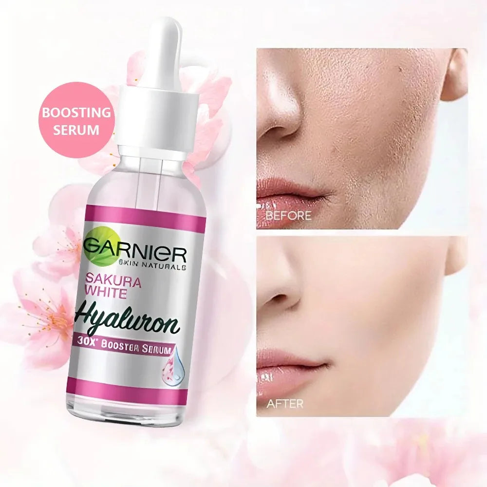 visuals showcasing before and after effect of Garnier Pink Serum