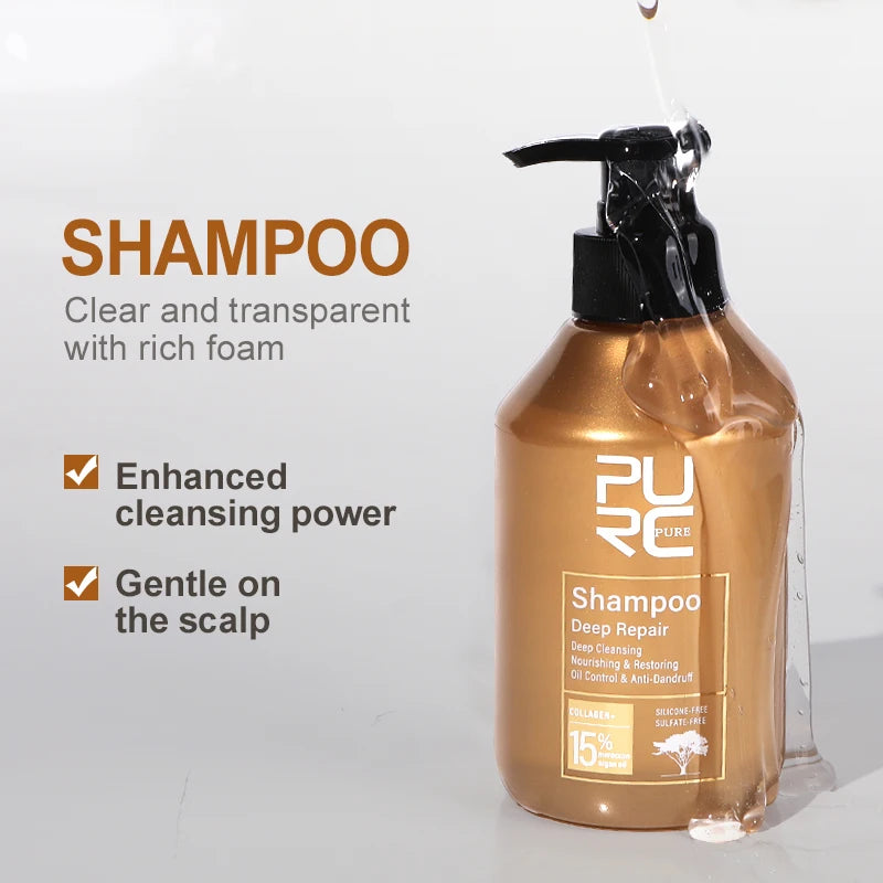 PURC Hair Repair Set – Argan Oil Keratin Shampoo & Conditioner with benefits displayed.