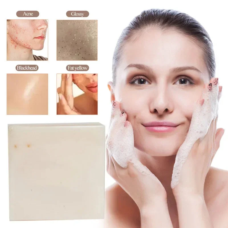 Visual guide for using Rice Milk Soap, showcasing steps for cleansing and addressing various skin troubles.
