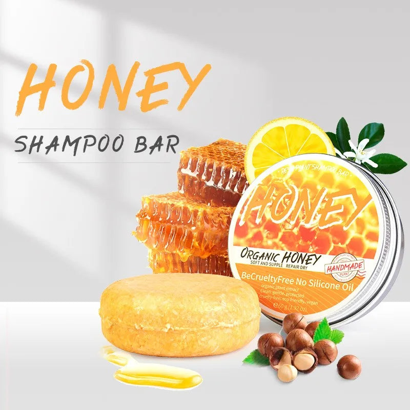 Natural Honey Shampoo bar in tin for dry, soft, and supple hair care. Plant-based & cruelty-free solution. Natural Honey Shampoo bar in tin for dry, soft, and supple hair care. Plant-based & cruelty-free solution.