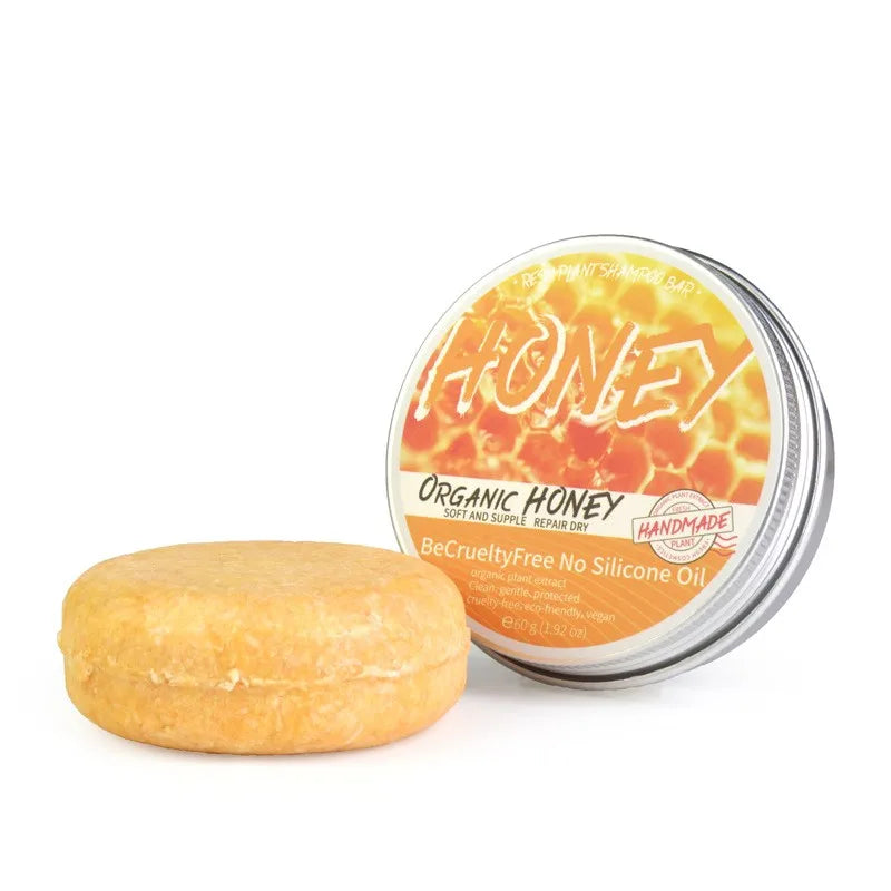 Natural Honey Shampoo bar in tin for dry, soft, and supple hair care. Plant-based & cruelty-free solution.