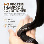 PURC Hair Repair Set – Argan Oil Keratin Shampoo & Conditioner with ingredients and benefits displayed.