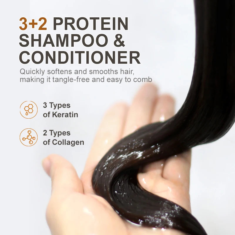 PURC Hair Repair Set – Argan Oil Keratin Shampoo & Conditioner with ingredients and benefits displayed.